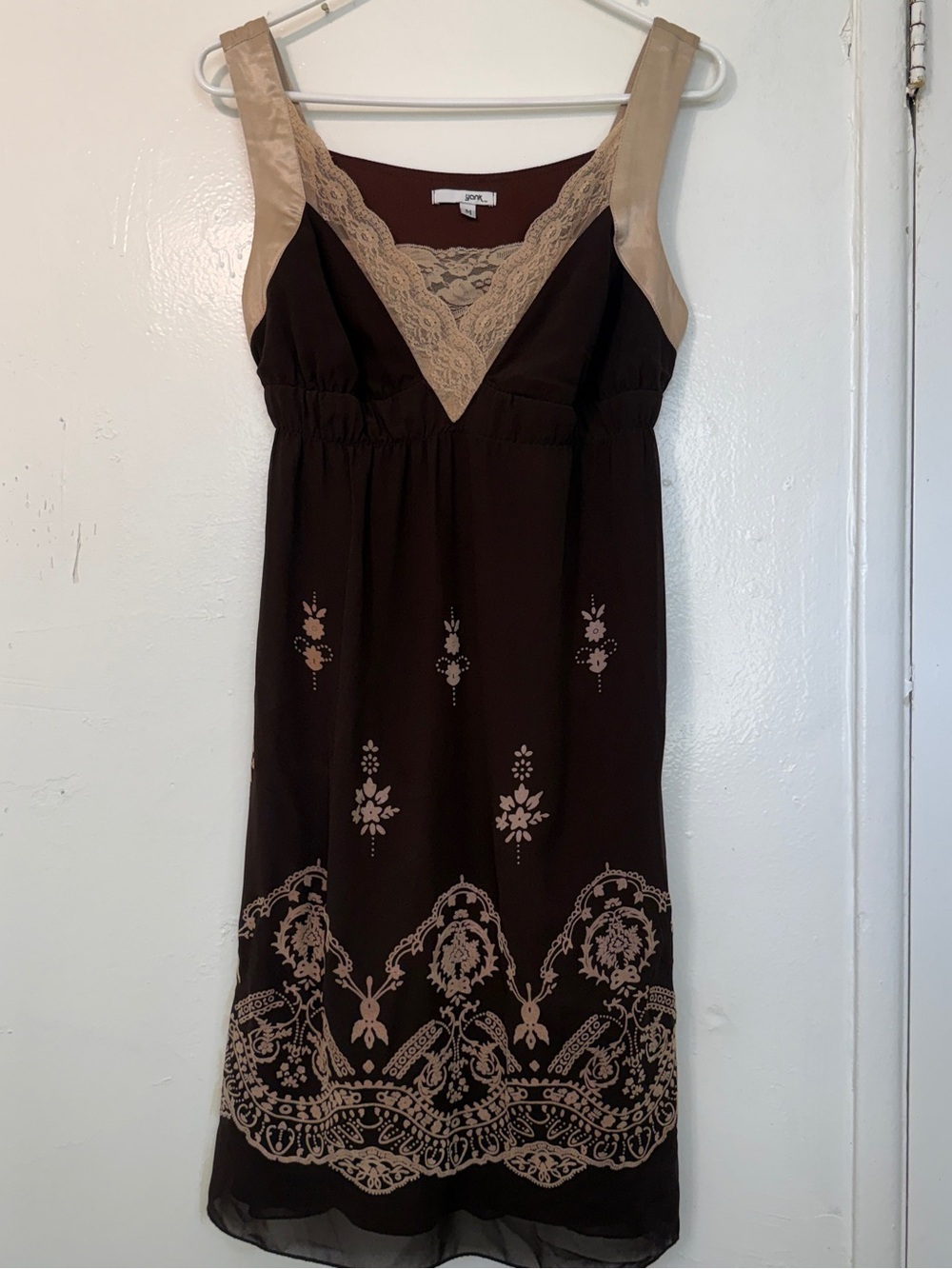 Yank Vintage 2000s Milkmaid Slip Dress Brown Lace Chiffon Boho Midi M